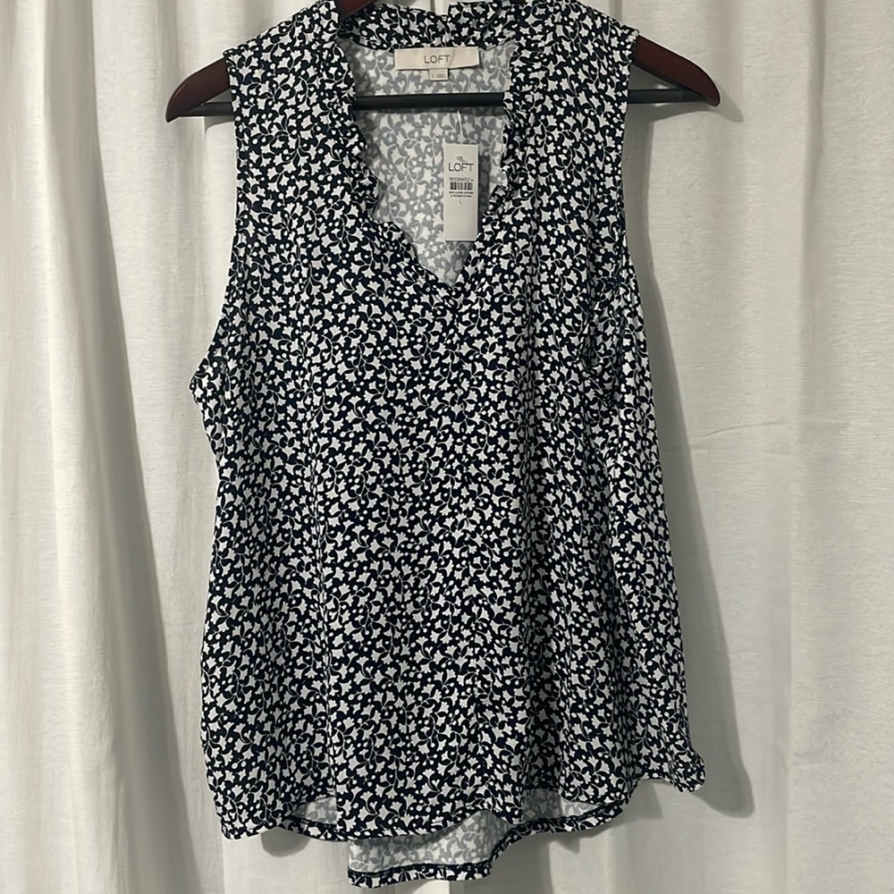 NWT Loft Size Large Navy and white mixed media ruffle neck sleeveless blouse.